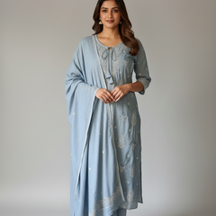 Pure Cotton Grey Semistitched Set With Swarovski Chikankari Work