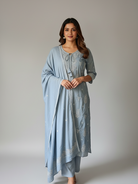 Pure Cotton Grey Semistitched Set With Swarovski Chikankari Work