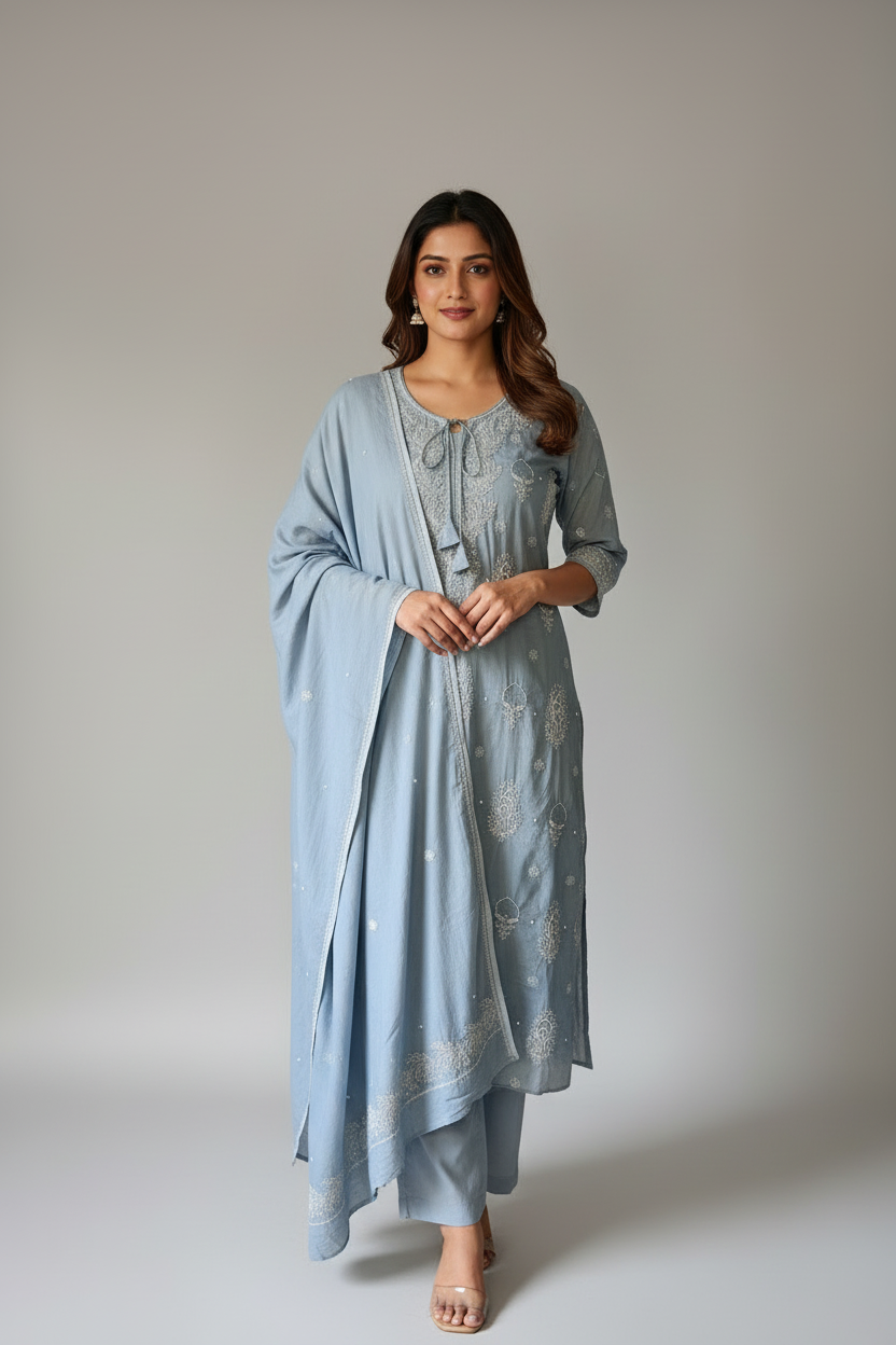 Pure Cotton Grey Semistitched Set With Swarovski Chikankari Work