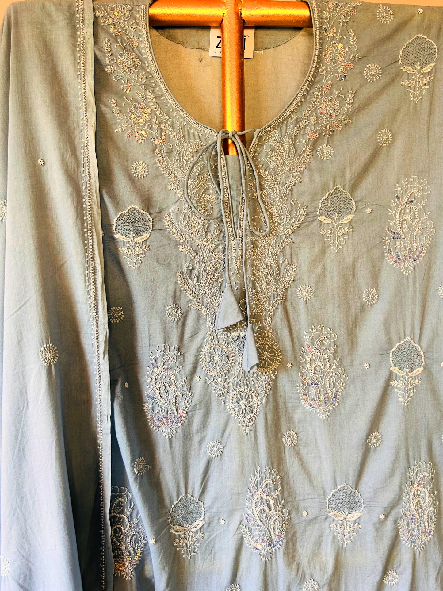 Pure Cotton Grey Set With Swarovski Chikankari Work