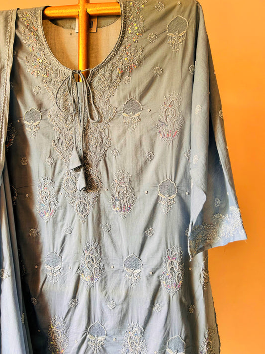 Pure Cotton Grey Set With Swarovski Chikankari Work