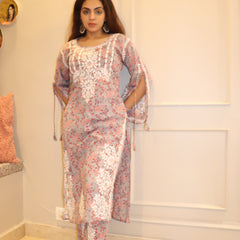 Red Grey Mulmul Dori Sleeves Kurti Set
