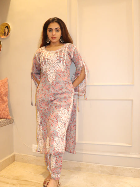 Red Grey Mulmul Dori Sleeves Kurti Set