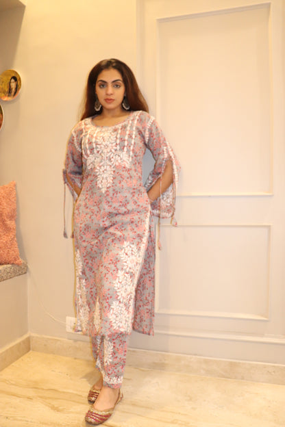 Grey Mulmul Dori Sleeves Kurti Set With White Embroidery.