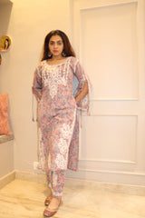 Red Grey Mulmul Dori Sleeves Kurti Set