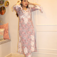 Red Grey Mulmul Dori Sleeves Kurti Set