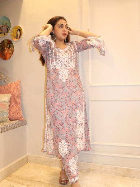 Red Grey Mulmul Dori Sleeves Kurti Set