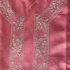 Pantone Geranium Pink Chanderi Semistitched Chikankari Suit Set