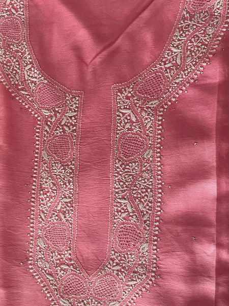 Pantone Geranium Pink Chanderi Semistitched Chikankari Suit Set