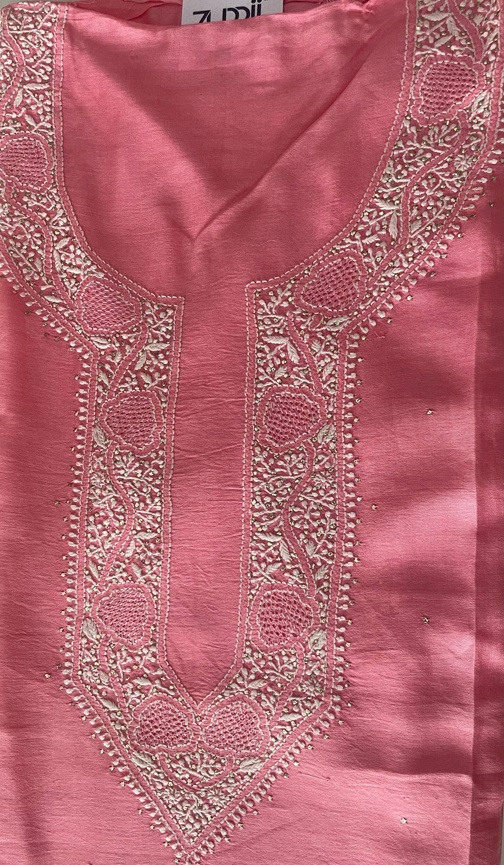 Pantone Geranium Pink Chanderi Chikankari Suit Set