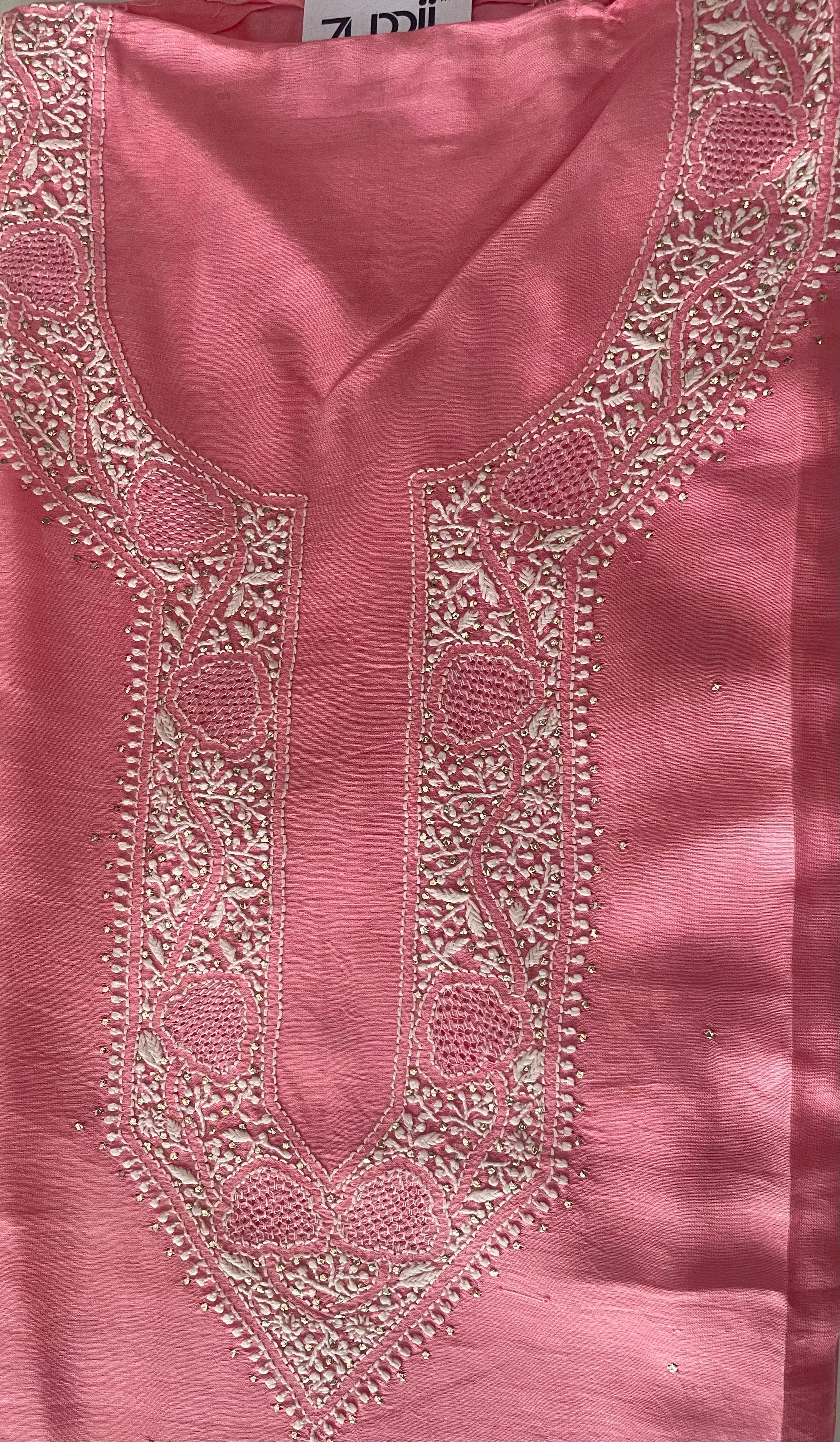 Pantone Geranium Pink Chanderi Chikankari Suit Set
