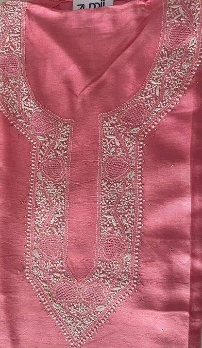 Pantone Geranium Pink Chanderi Semistitched Chikankari Suit Set