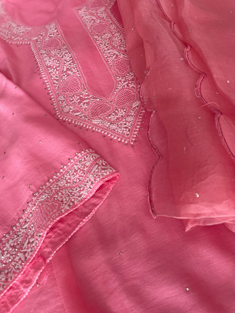 Pantone Geranium Pink Chanderi Semistitched Chikankari Suit Set