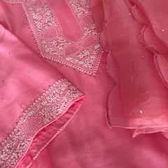 Pantone Geranium Pink Chanderi Semistitched Chikankari Suit Set