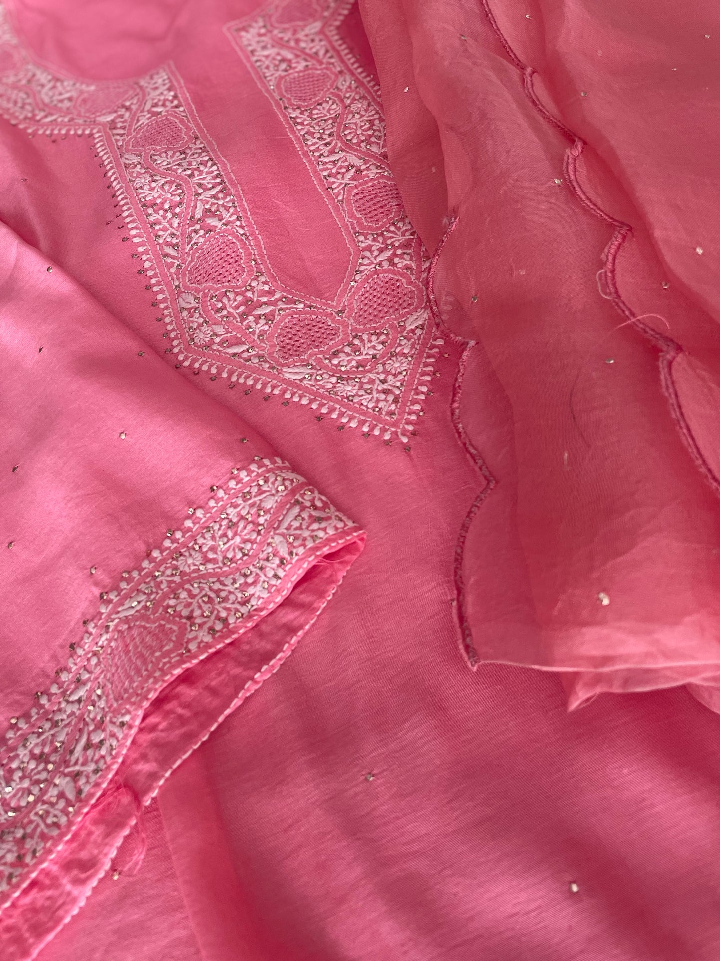 Pantone Geranium Pink Chanderi Chikankari Suit Set