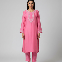 Pantone Geranium Pink Chanderi Semistitched Chikankari Suit Set