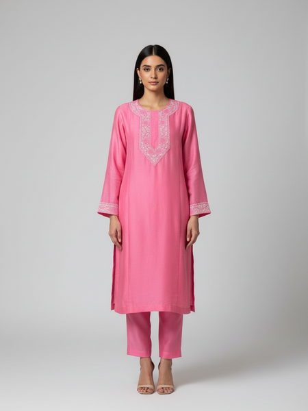Pantone Geranium Pink Chanderi Semistitched Chikankari Suit Set