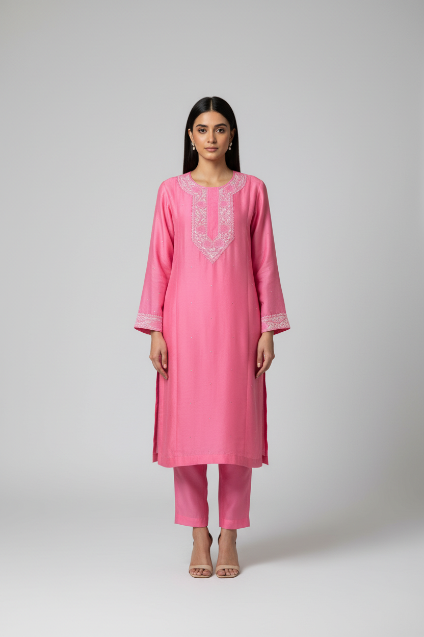 Pantone Geranium Pink Chanderi Semistitched Chikankari Suit Set