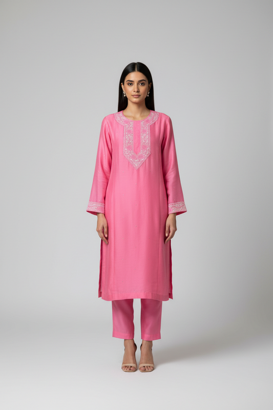 Pantone Geranium Pink Chanderi Semistitched Chikankari Suit Set