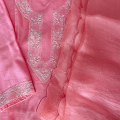 Pantone Geranium Pink Chanderi Semistitched Chikankari Suit Set