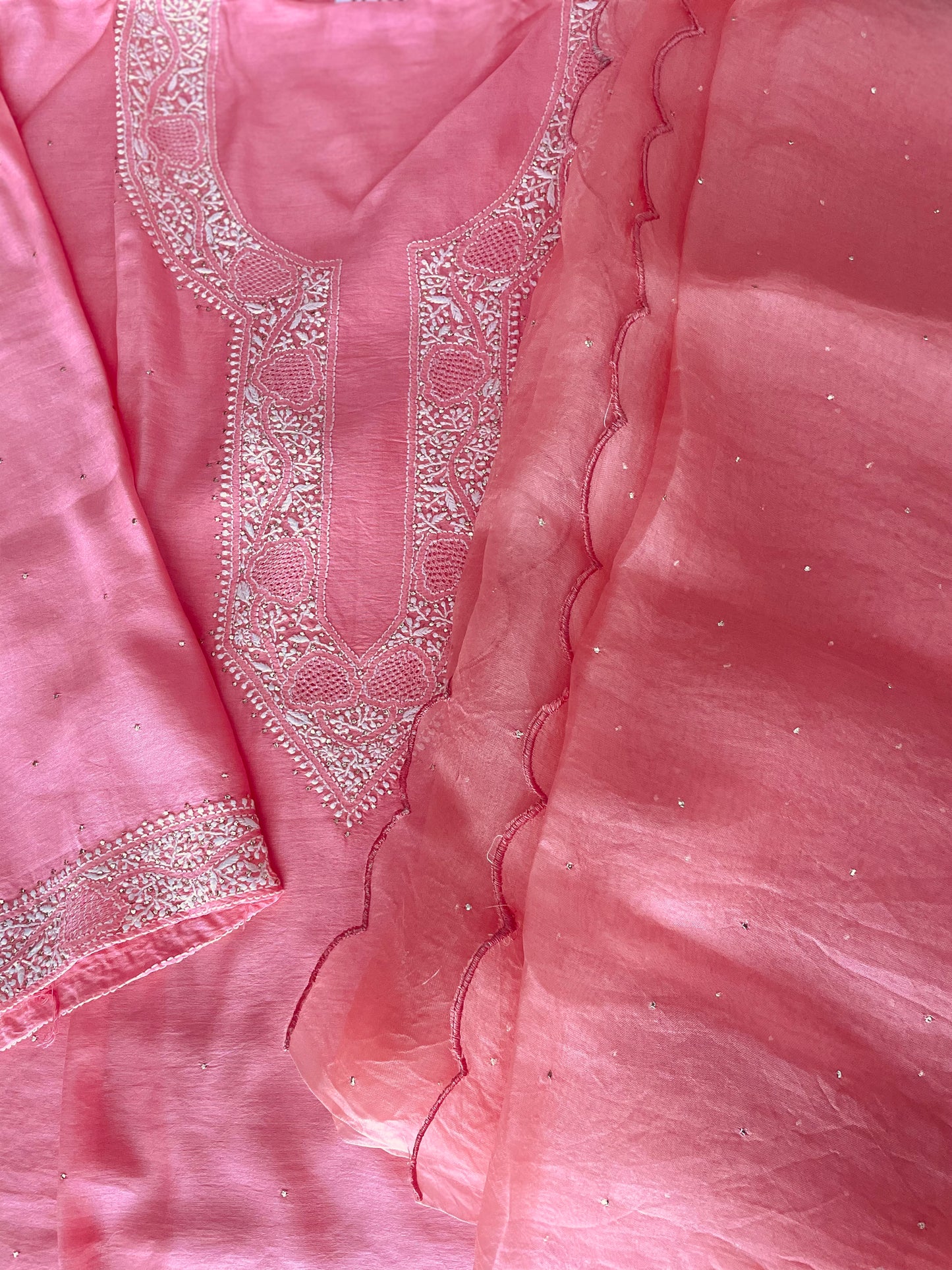 Pantone Geranium Pink Chanderi Chikankari Suit Set