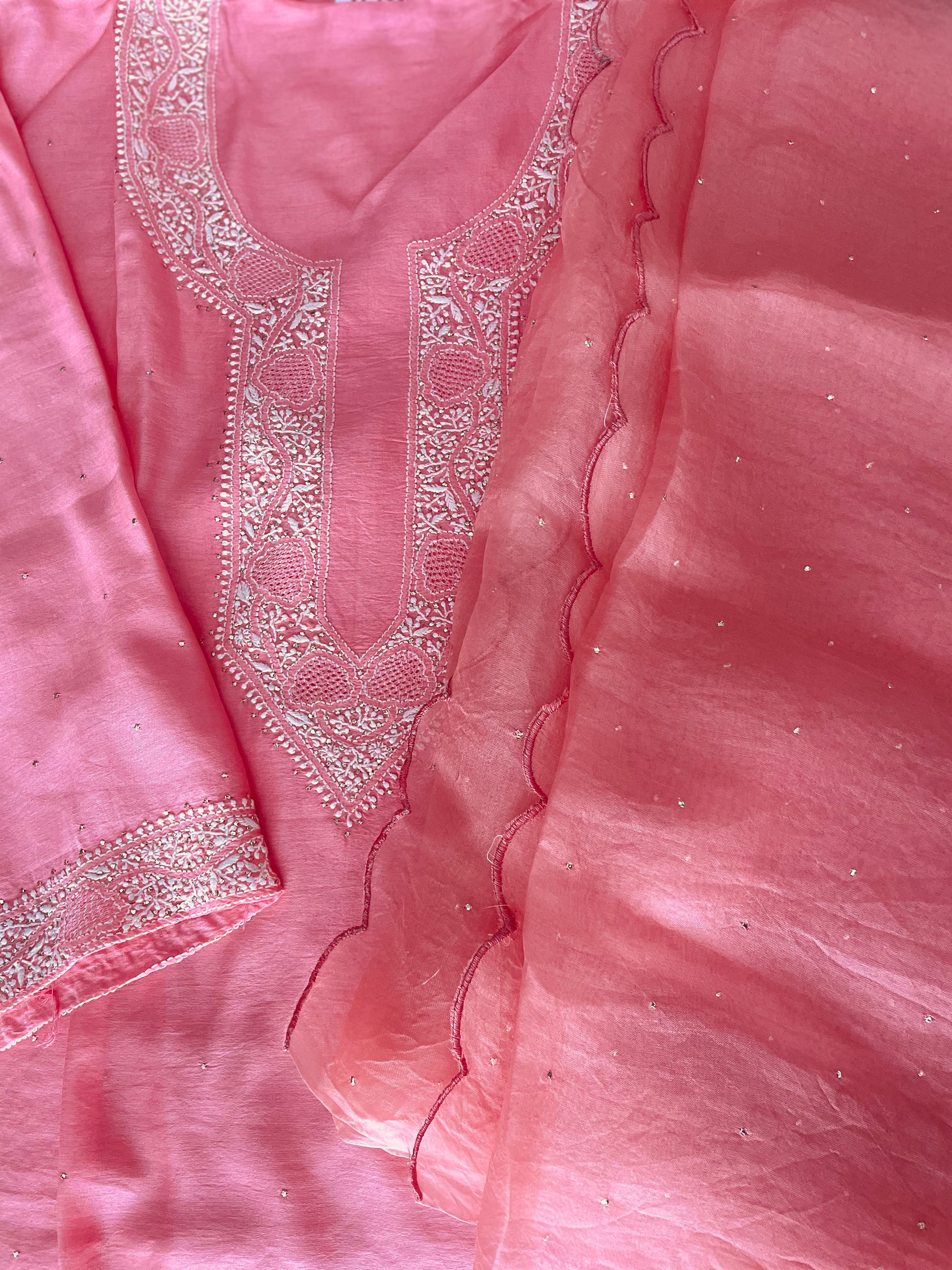 Pantone Geranium Pink Chanderi Chikankari Suit Set