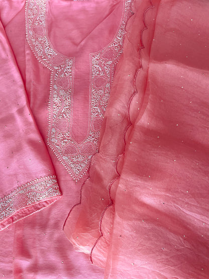 Pantone Geranium Pink Chanderi Semistitched Chikankari Suit Set