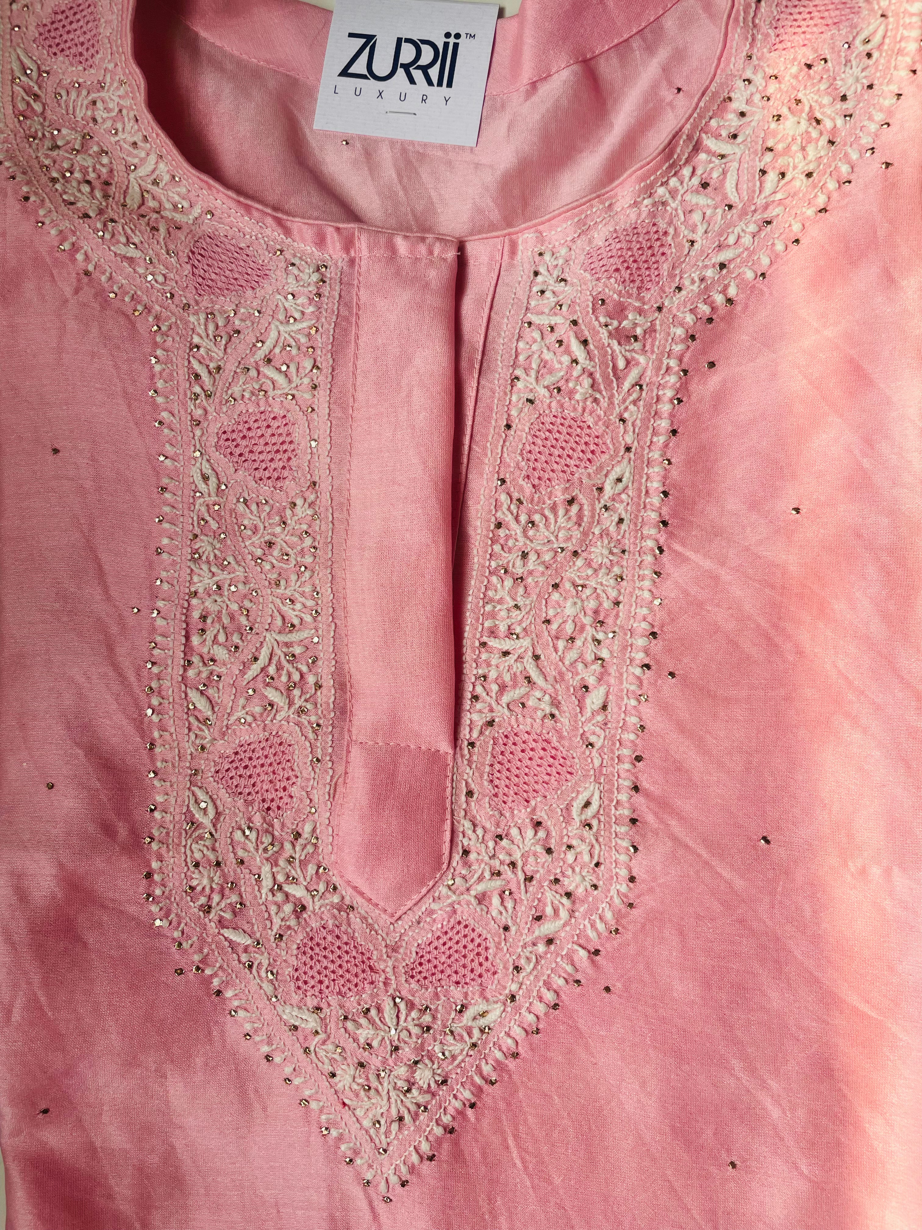 Pantone Quartz Pink Chanderi Chikankari Suit Set