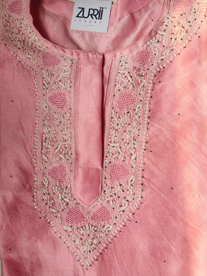 Quartz Pink Chanderi Semistitched Chikankari Suit Set