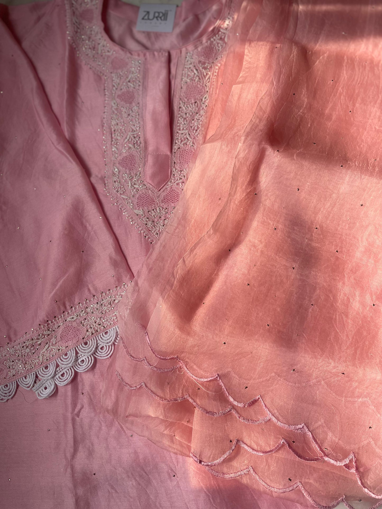 Pantone Quartz Pink Chanderi Chikankari Suit Set