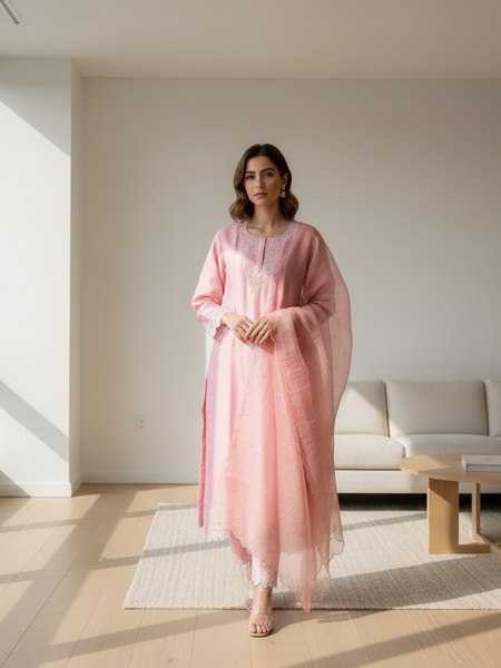 Quartz Pink Chanderi Semistitched Chikankari Suit Set