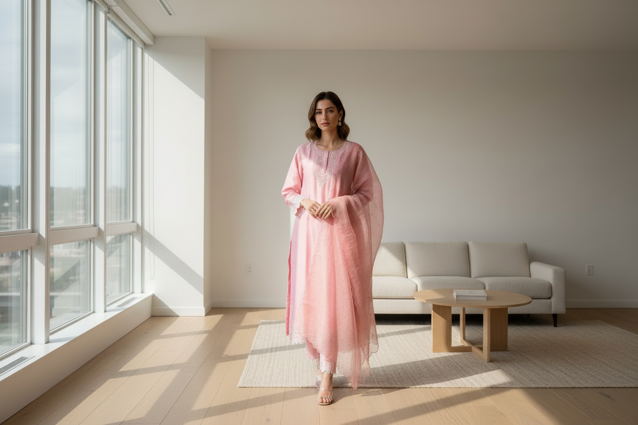 Quartz Pink Chanderi Semistitched Chikankari Suit Set