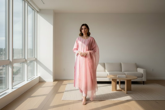 Quartz Pink Chanderi Semistitched Chikankari Suit Set