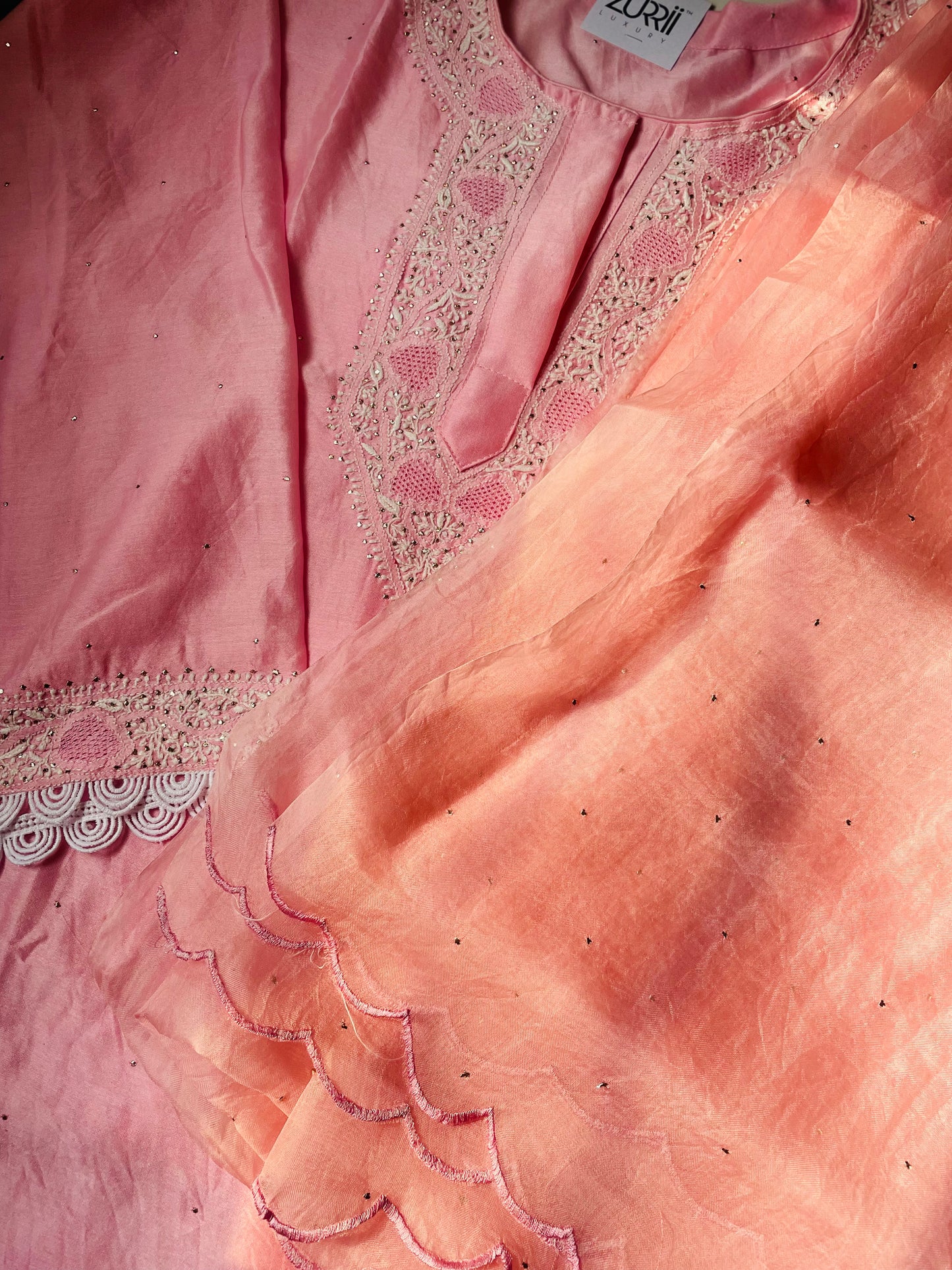 Pantone Quartz Pink Chanderi Chikankari Suit Set