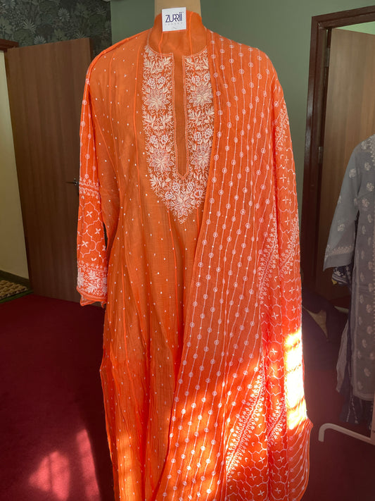 Orange Chikankari Suit Set