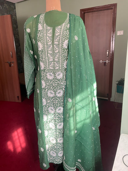 Green Semistitched Chikankari Suit Set
