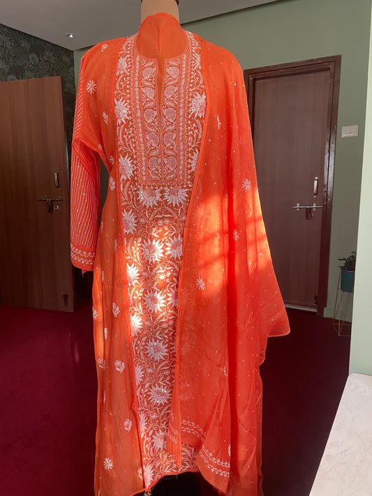 Orange Chikankari Suit Set