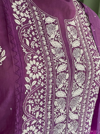 Purple Chikankari Semistitched Suit Set