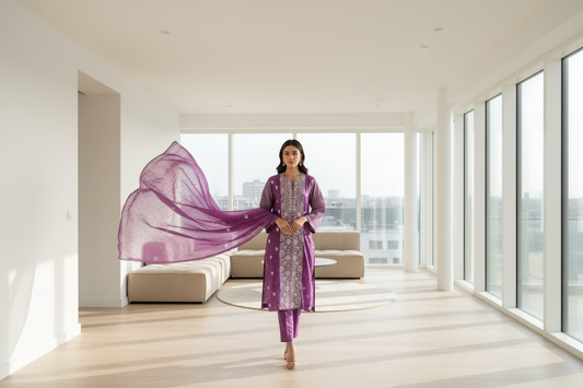 Purple Chikankari Semistitched Suit Set