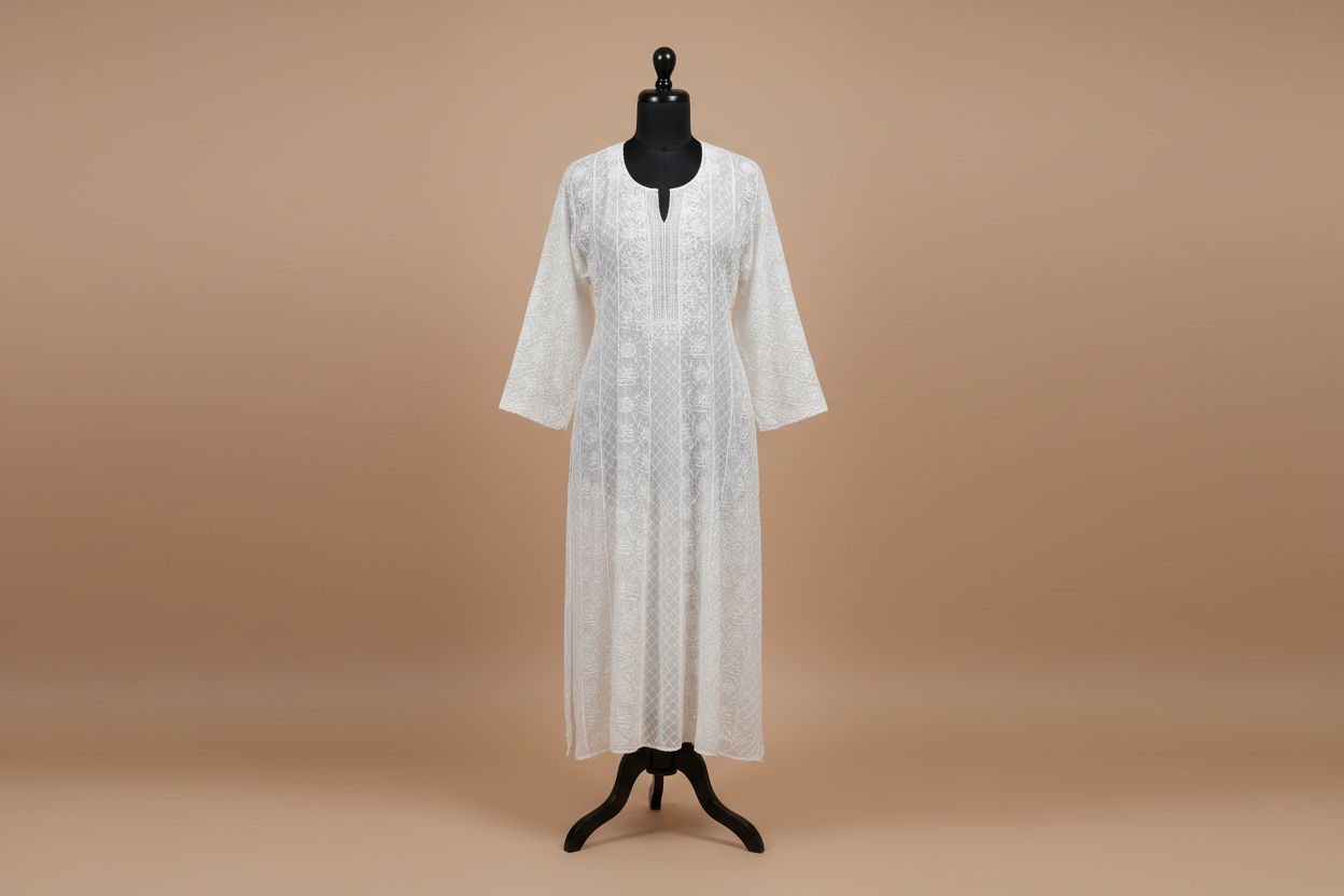 Semistitched White Chikankari Katdana Anarkali Suit Set