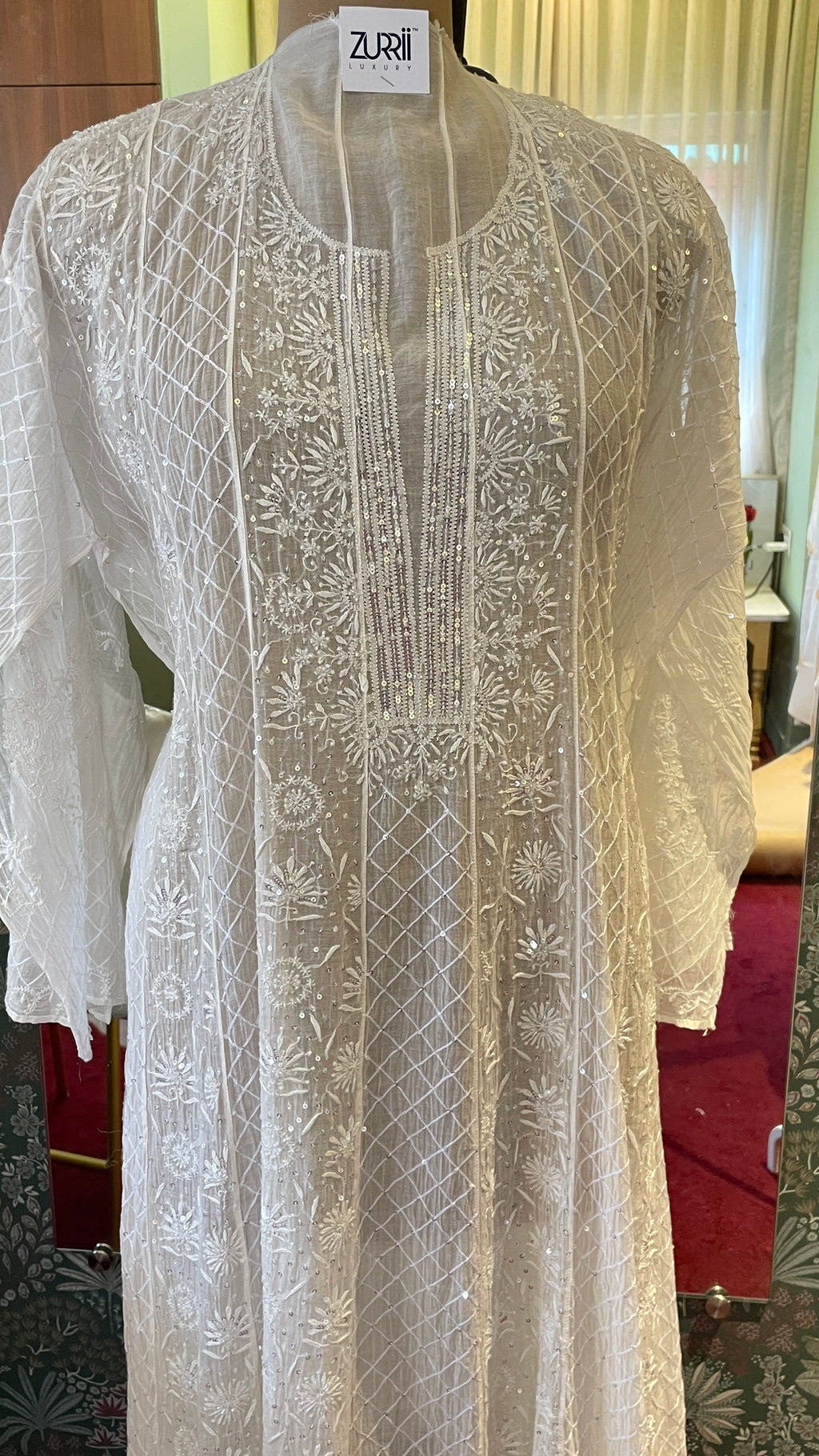 Semistitched White Chikankari Katdana Anarkali Suit Set