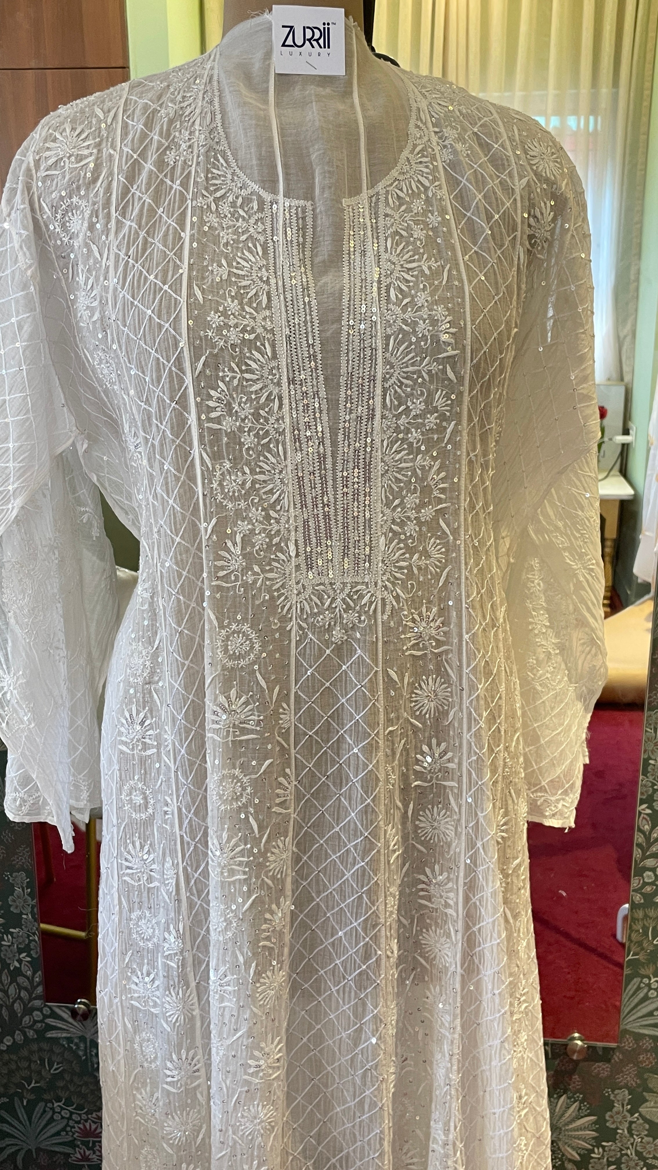 Semistitched White Chikankari Katdana Anarkali Suit Set