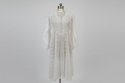 Semistitched White Chikankari Katdana Anarkali Suit Set