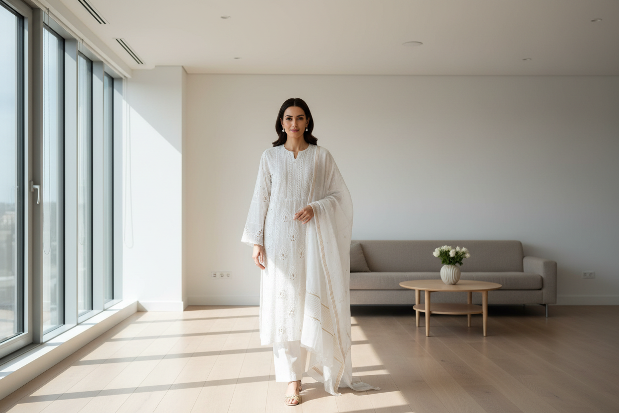 White Mulchanderi Chikankari With Mukaish Work Semistitched Suit Set