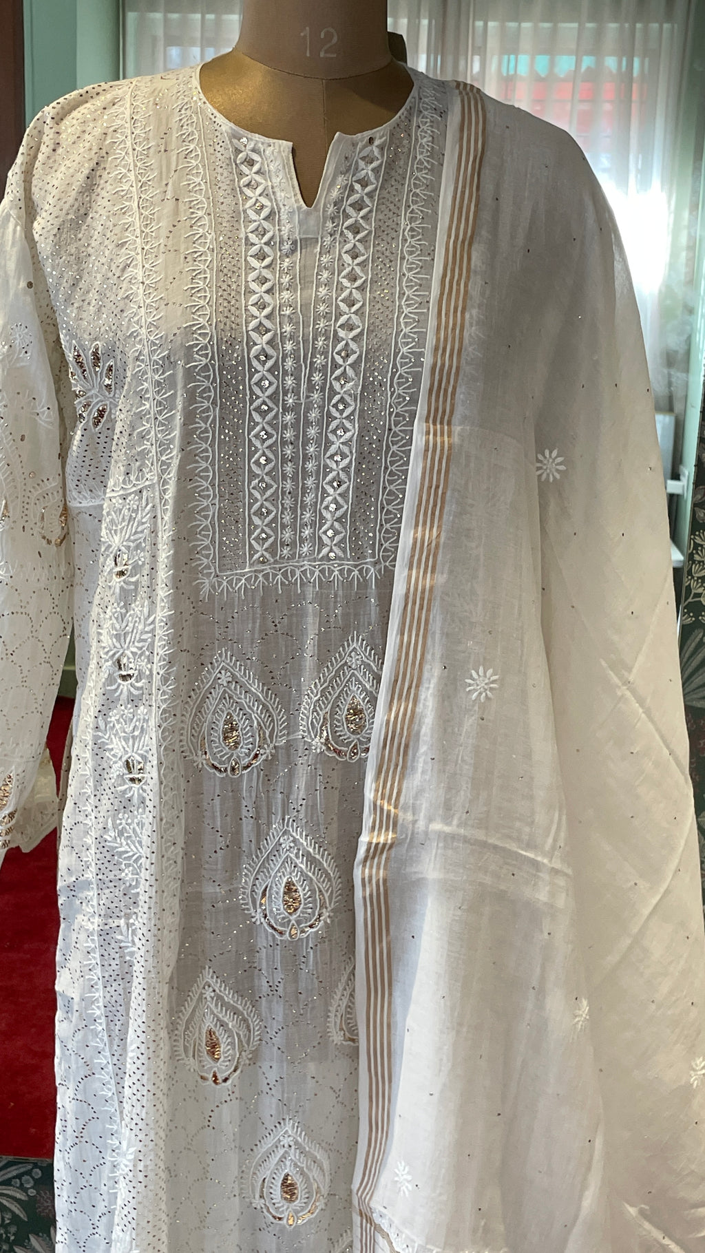White Mulchanderi Chikankari With Mukaish Work Suit Set