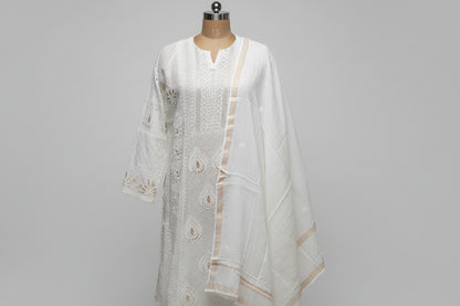 White Mulchanderi Chikankari With Mukaish Work Semistitched Suit Set
