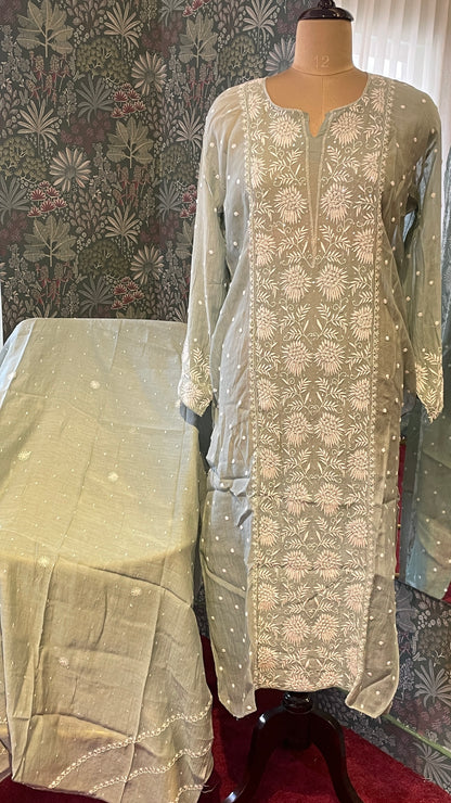 Mulchanderi Green Semistitched Jaal Suit Set