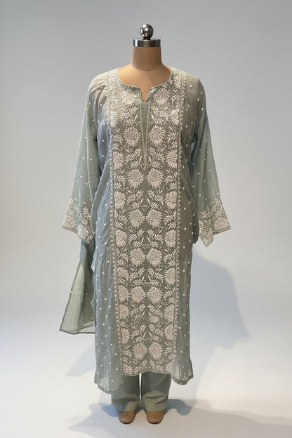 Mulchanderi Green Semistitched Jaal Suit Set