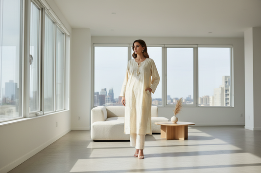 Light Beige Color Semistitched Cotton Suit Set