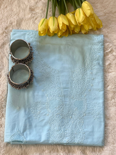 Blue Pure Cotton Unstitched Chikankari Suit Set